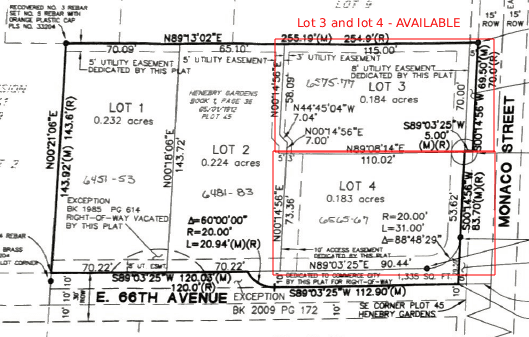 Marked plat map showing the available North Monaco Place lots