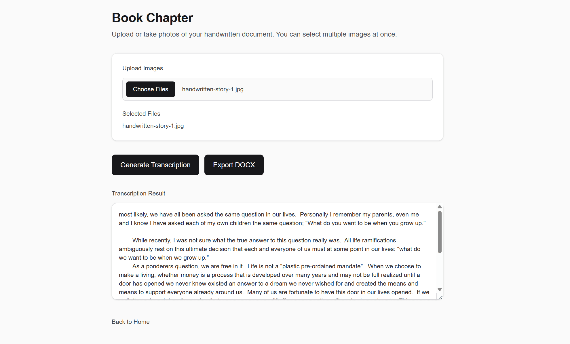MPH Field Docs Book Chapter workflow with manuscript upload and transcription review