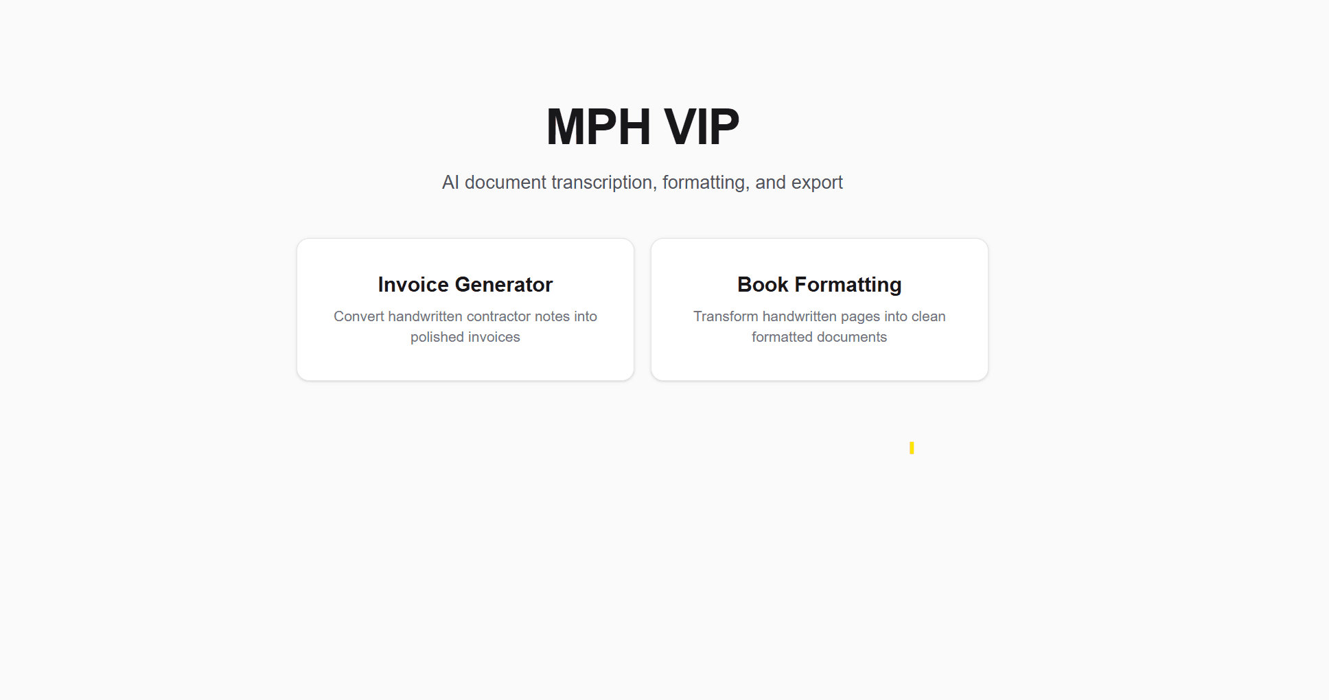 MPH Field Docs home screen showing Invoice Generator and Book Formatting workflows