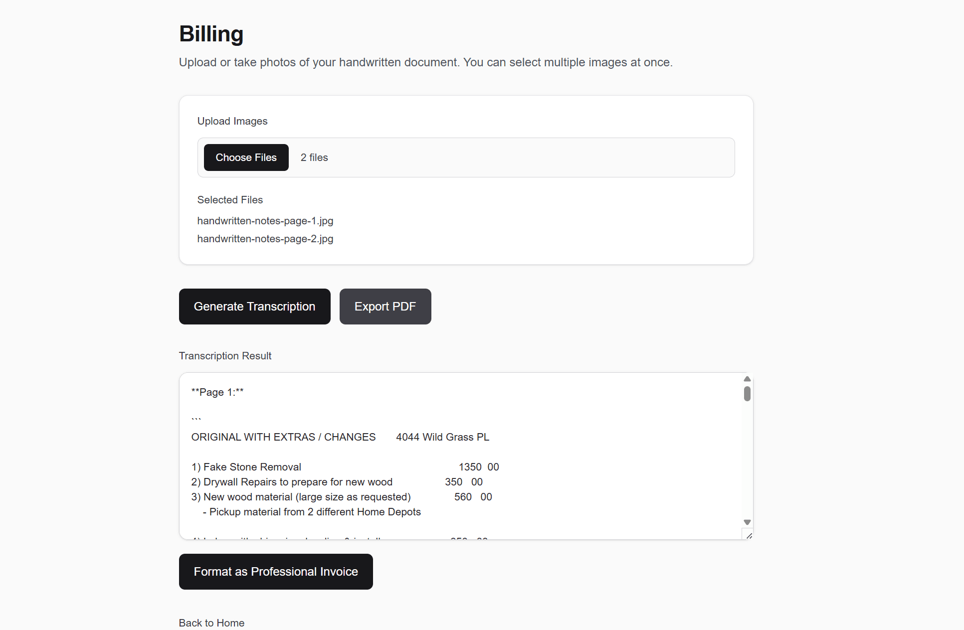 MPH Field Docs billing workflow with multiple uploaded images and editable transcription
